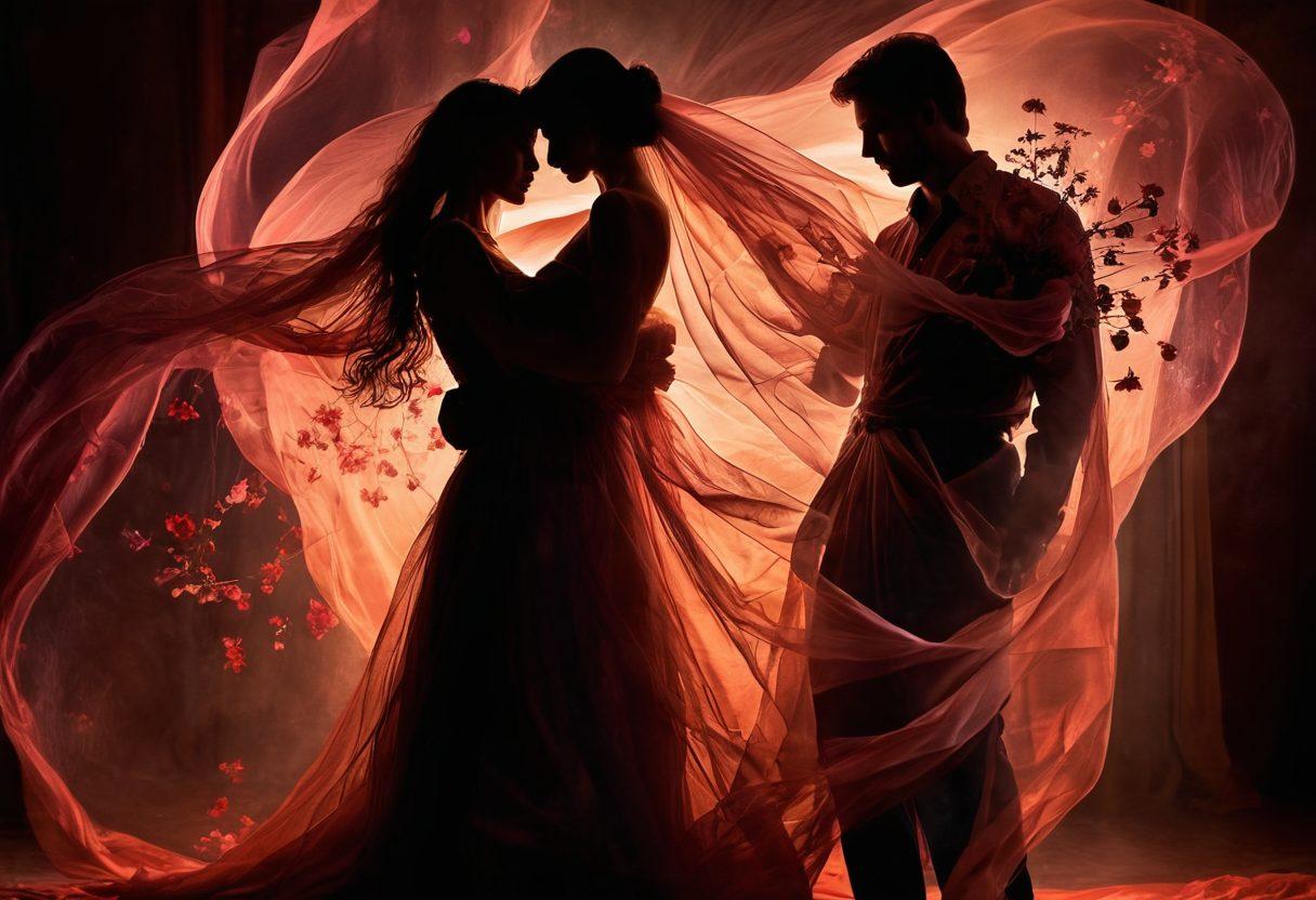 An intimate scene depicting two silhouetted figures locked in a soft embrace, surrounded by swirling ethereal wisps representing desire and passion. The backdrop features dimly lit, luxurious fabrics in rich colors, suggesting a secret rendezvous. Add delicate flowers subtly woven throughout to symbolize the beauty and complexity of forbidden love. Soft lighting enhances the mood of romance and mystery. super-realistic. vibrant colors. dreamy atmosphere.