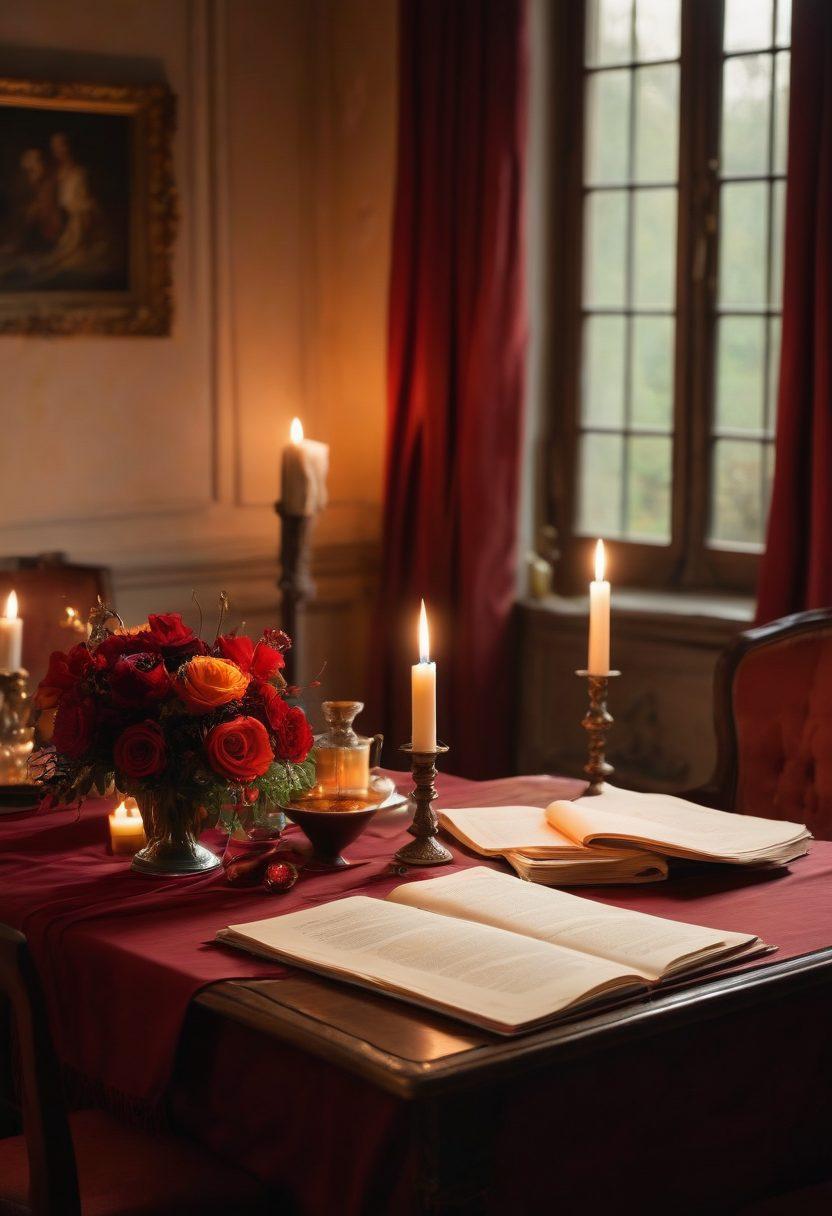 A luxurious and intimate setting with a candle-lit table, soft flowing fabrics and a quill pen poised over an elegant notebook filled with passionate words. Subtle silhouettes of lovers can be seen in the background, suggesting intimacy and desire. Rich, warm colors like deep reds and golds create an inviting atmosphere, while a hint of mystery lingers in the air. The scene evokes feelings of exploration and creativity in storytelling. super-realistic. warm tones. soft focus.