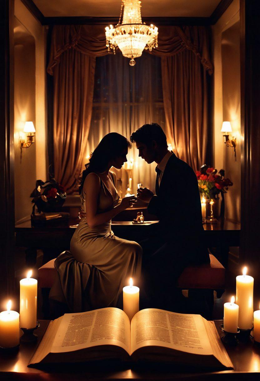 A sultry, dimly lit room adorned with soft silks and flickering candles, casting intimate shadows on the walls. In the foreground, an elegant book open to reveal a page filled with tantalizing, handwritten love stories. Silhouettes of two longing figures can be seen in the background, embodying desire and connection. The atmosphere exudes warmth and allure, inviting viewers into the world of seduction. super-realistic. warm tones. soft focus.